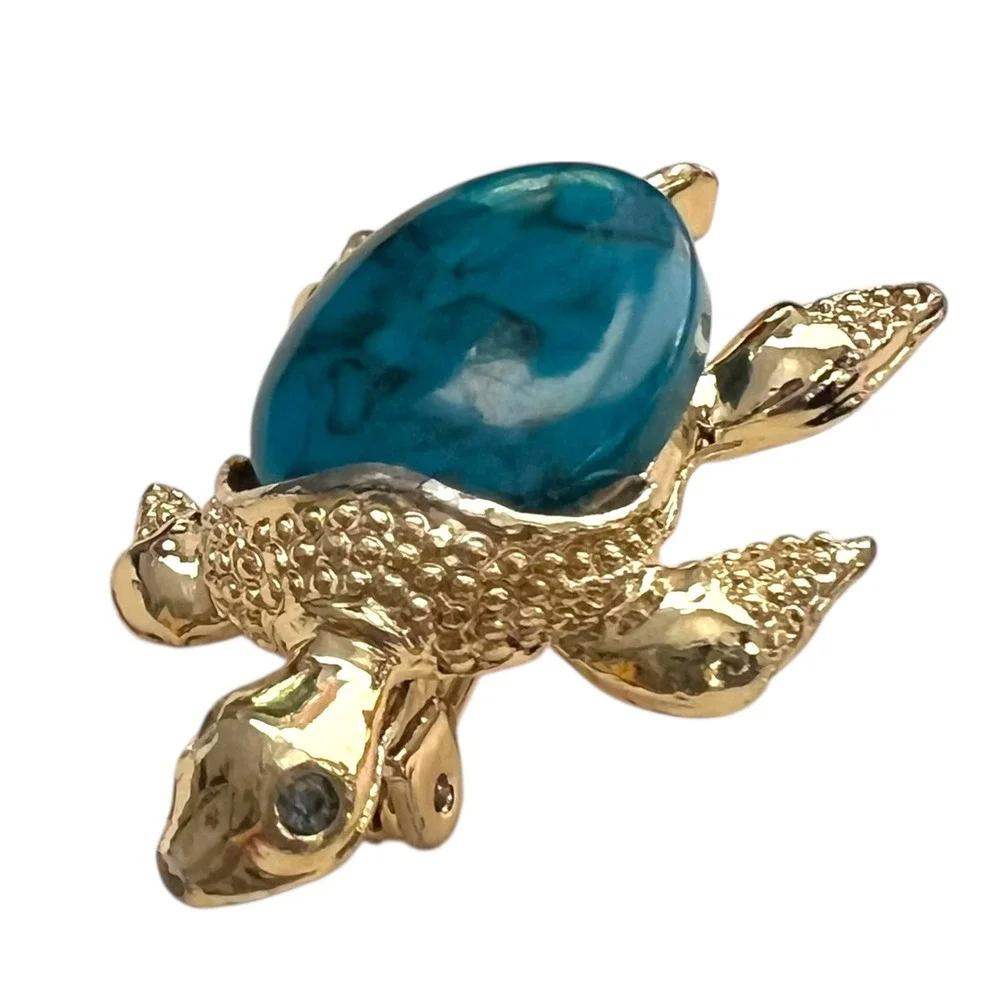 Vintage Gerry's Turtle Brooch‎ Turquoise Cabochon Gold Tone Figural Pin